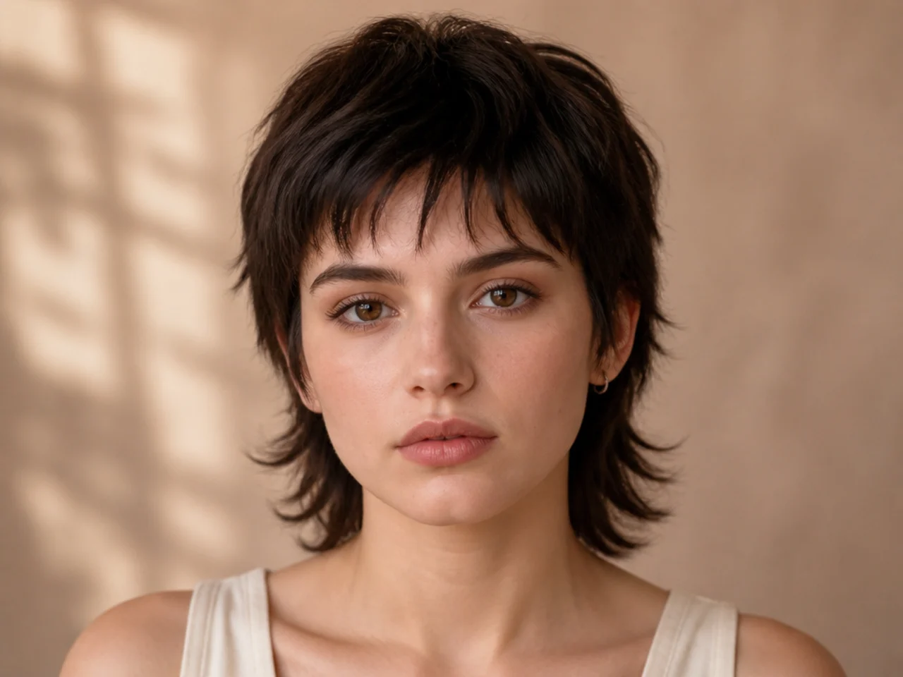 A front view sketch of a mullet with short sides and a few strands past the neck