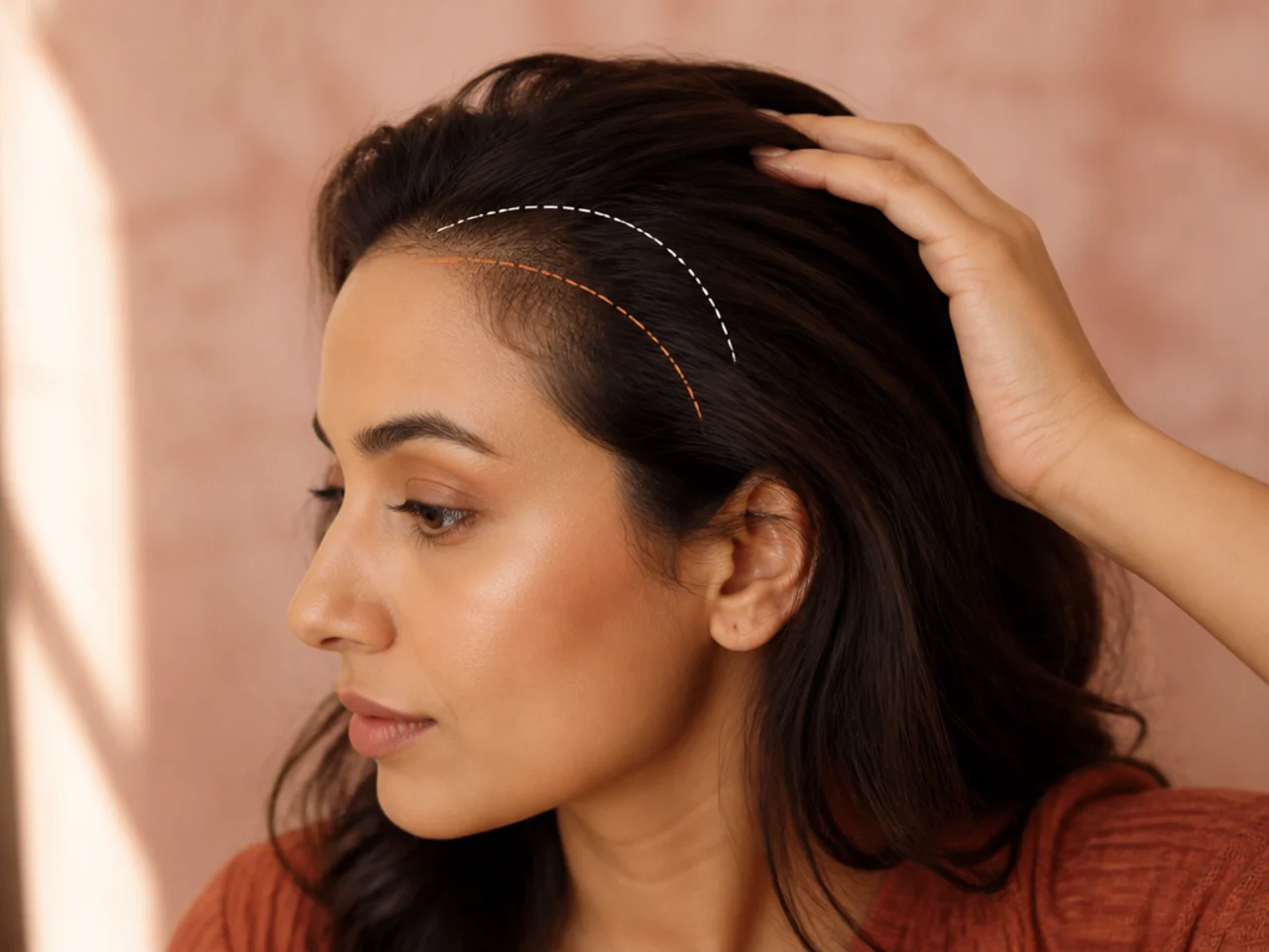 Construction lines showing a cranium curve with an offset hairline above it