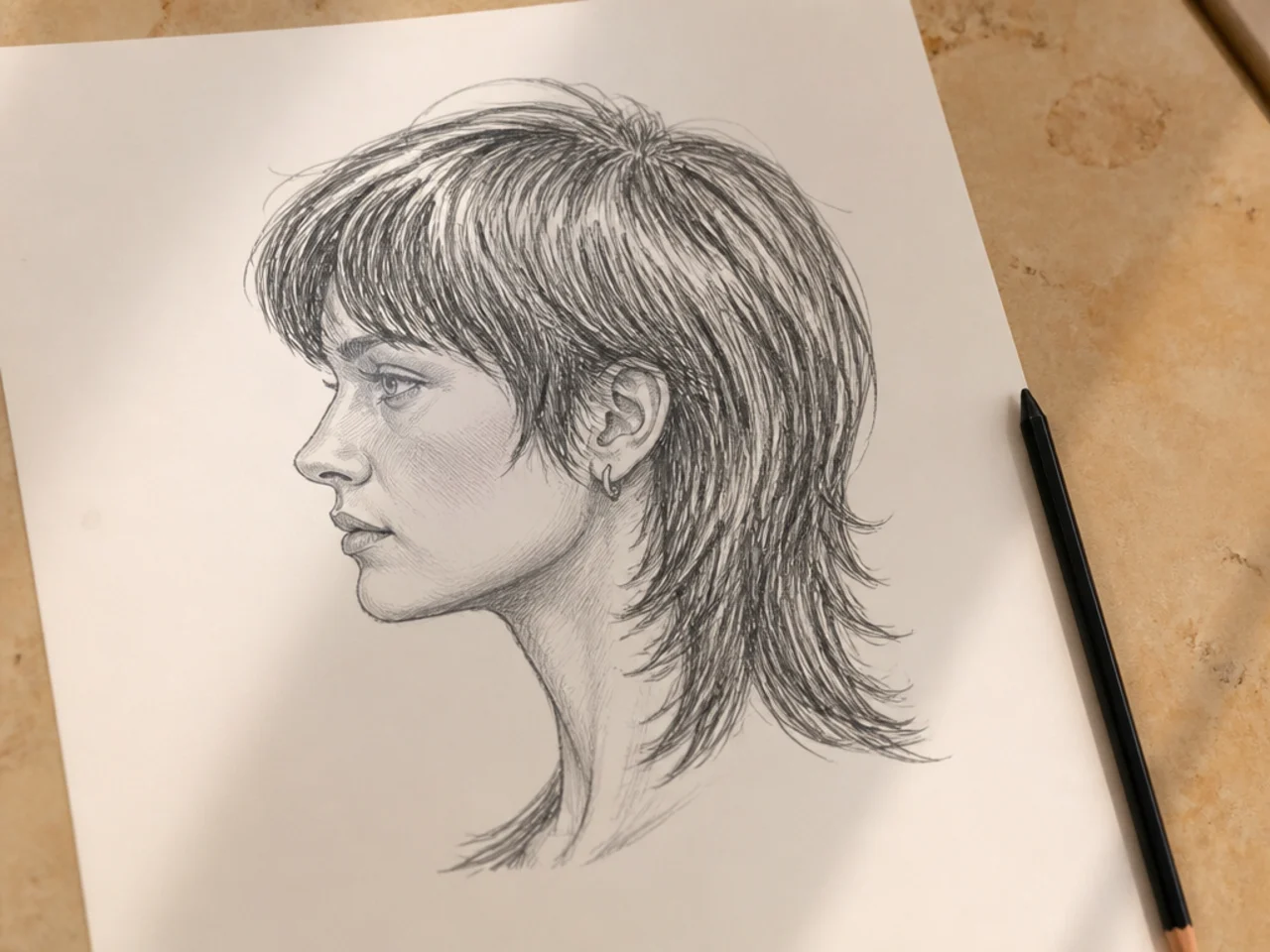 A pencil drawing of a straight haired mullet with directional strokes
