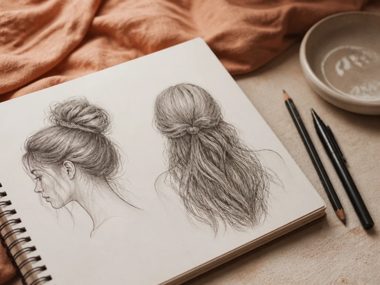 Pencils and a fineliner beside two hair sketches on a sketchbook page