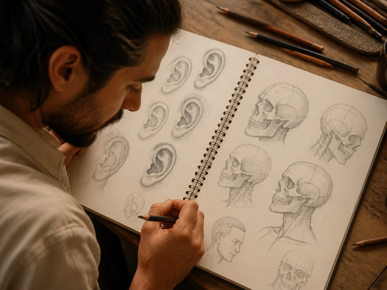 A sketchbook spread of ear studies and skull construction drawings