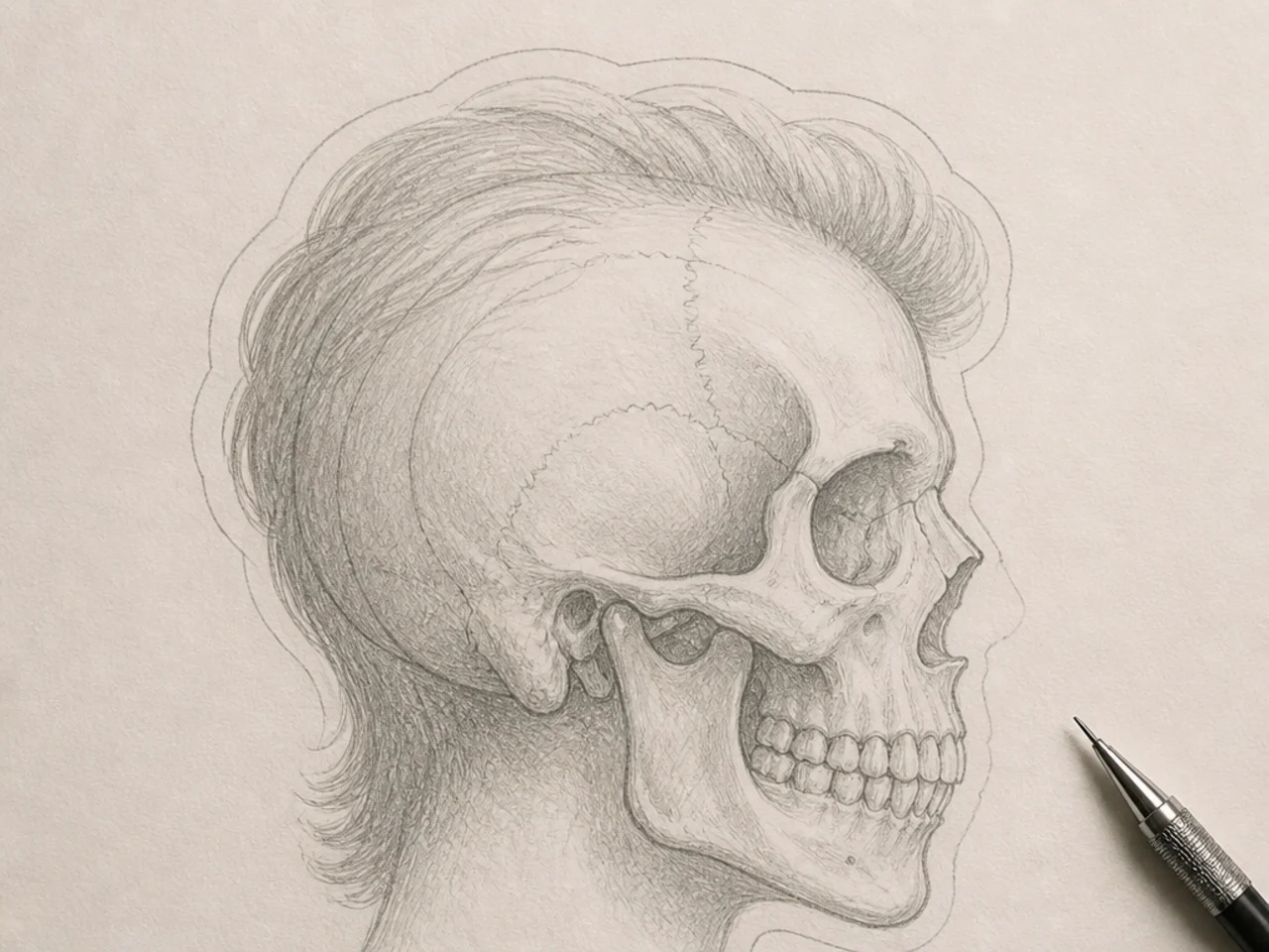 A pencil diagram of a skull with the hair outline offset outside the cranium line