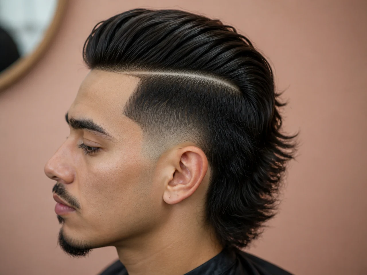 A shaved hard part line running along the parting above a mullet fade