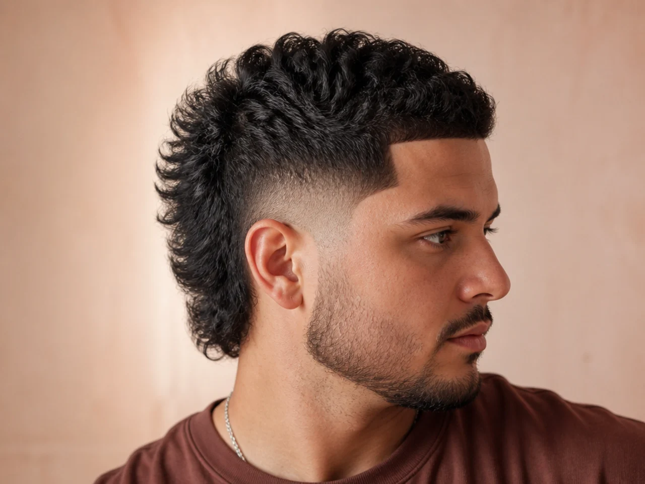 A squared off hairline at the forehead above a faded mullet