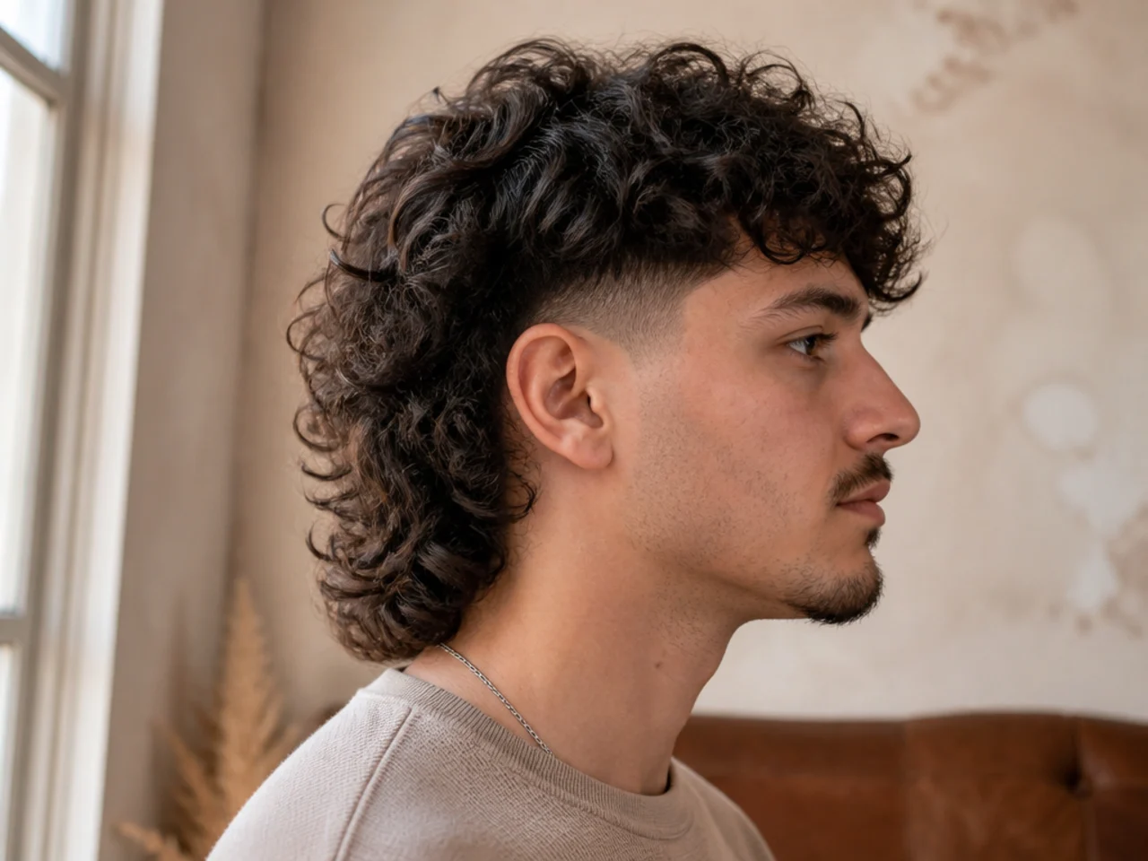 A curly mullet with faded sides and a full curly tail