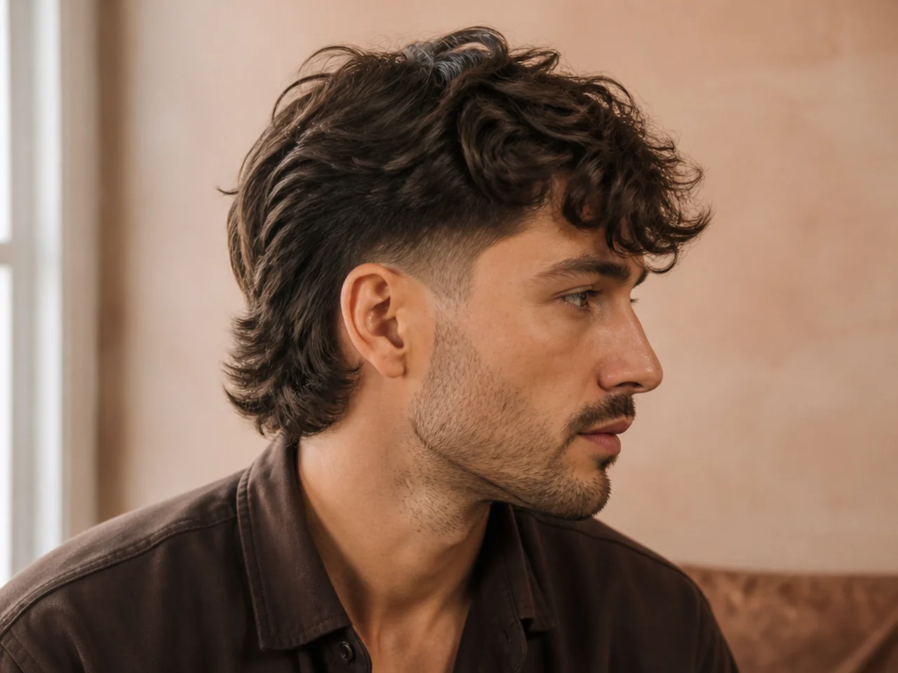 A wavy mullet with a softly blended fade at the side