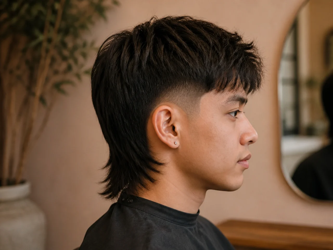 A straight haired mullet with a crisp evenly blended fade