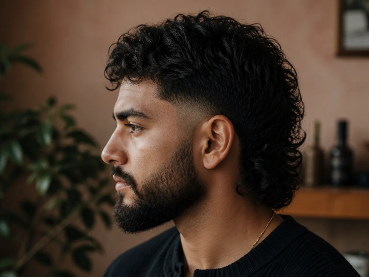 A mullet fade blending down into a full beard at the jaw