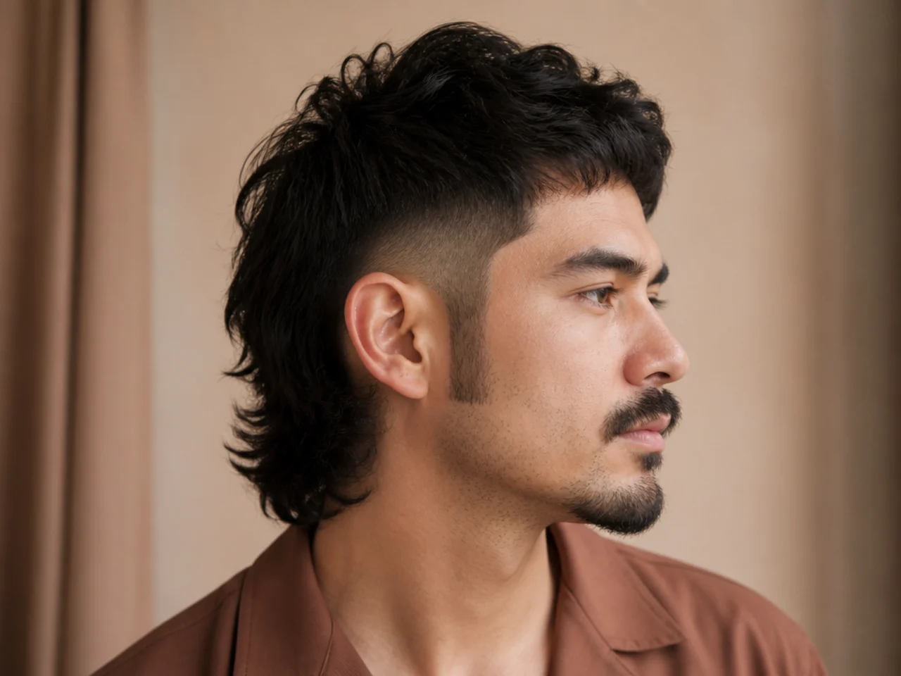 A squared long sideburn beside a faded side on a mullet