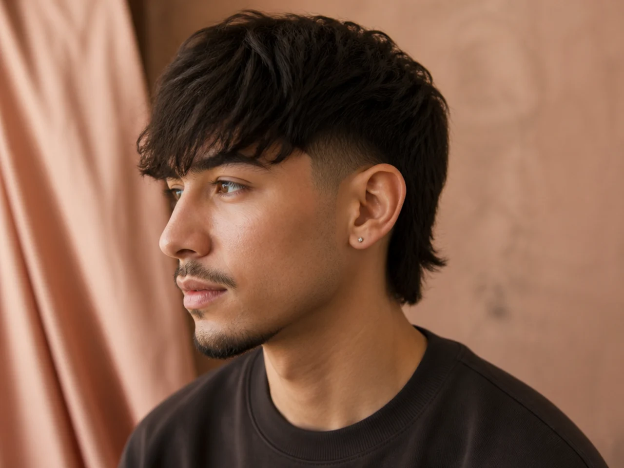 A mullet fade with a full fringe falling over the forehead