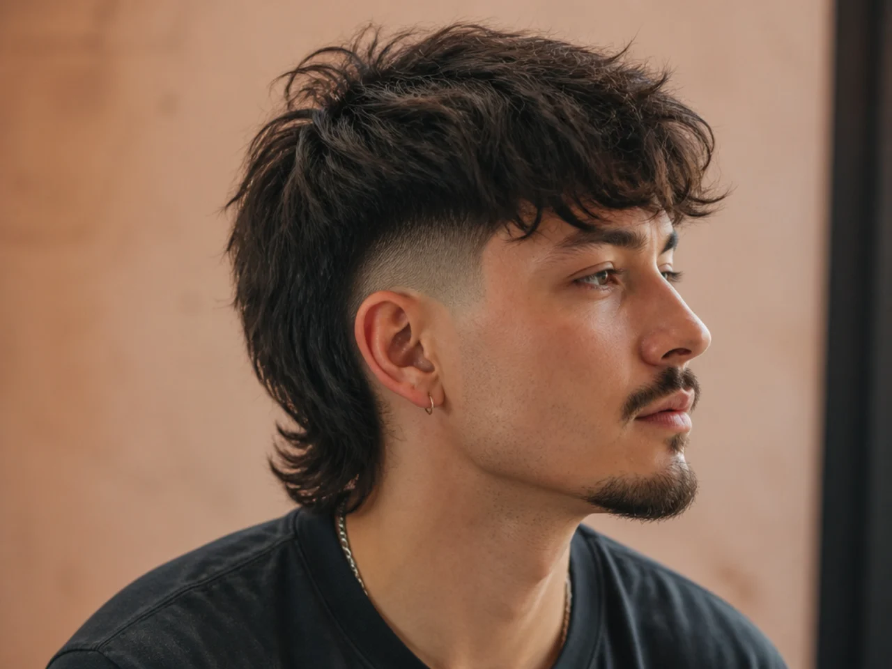 A disconnected mullet with long top hair sitting over a faded side