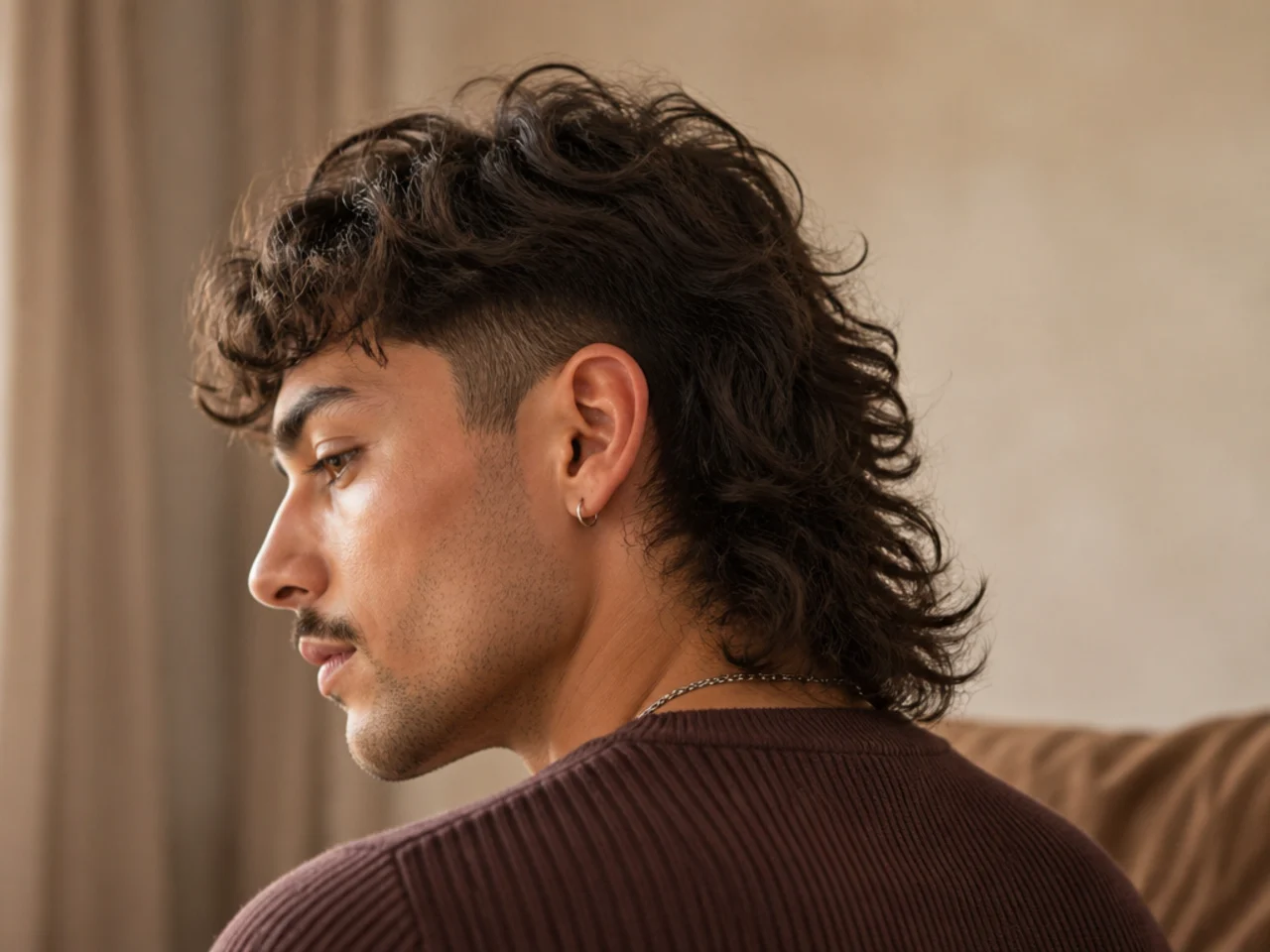 A permed mullet with a bent textured tail lifting away from the neck