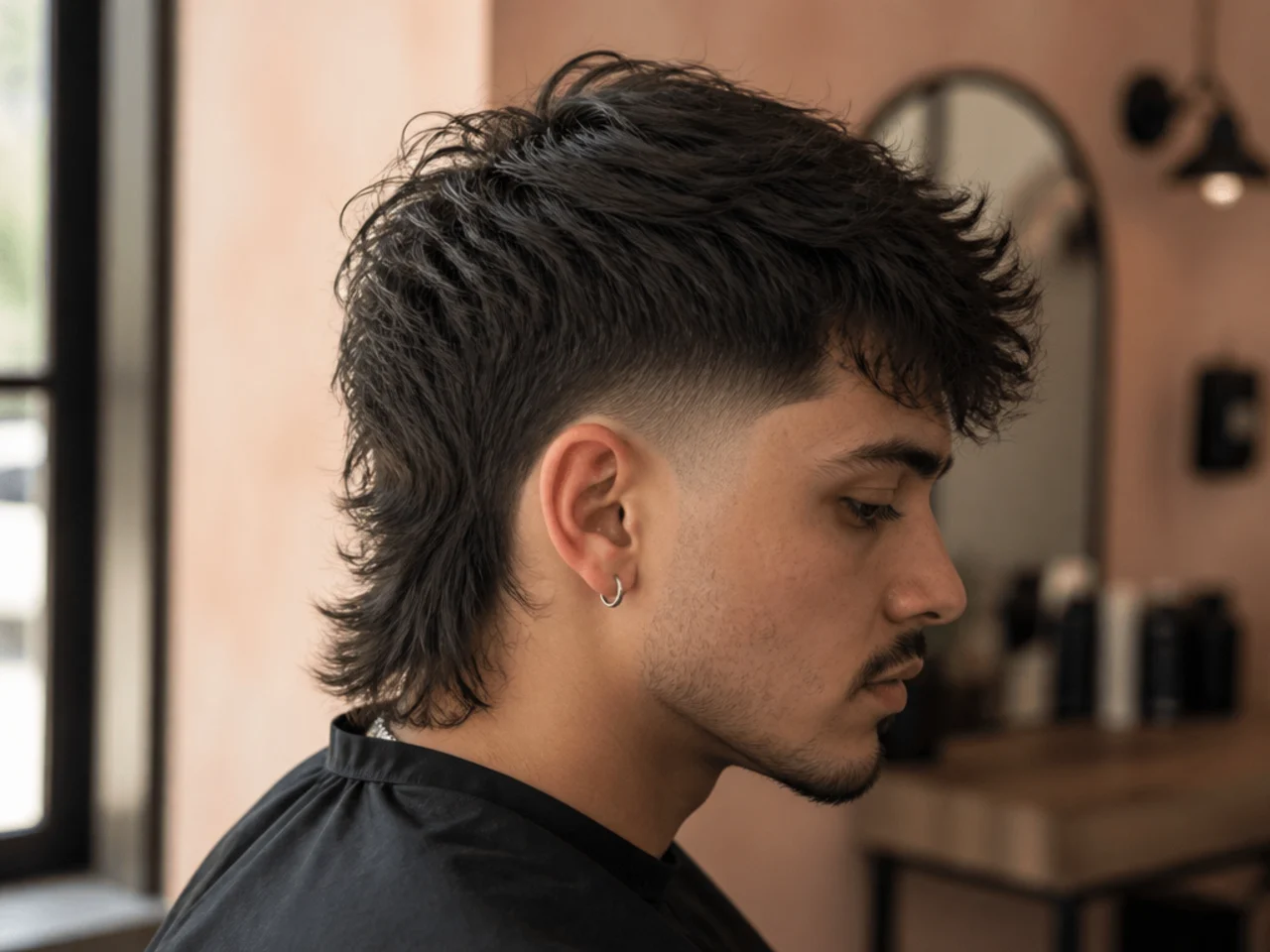 A thick haired mullet with a heavily blended fade and a thinned tail