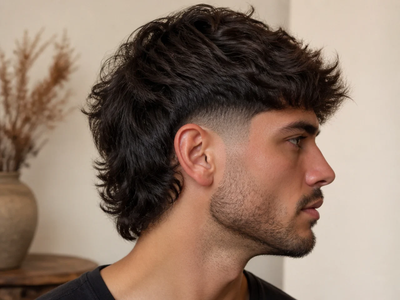 A drop fade curving down behind the ear on a mullet