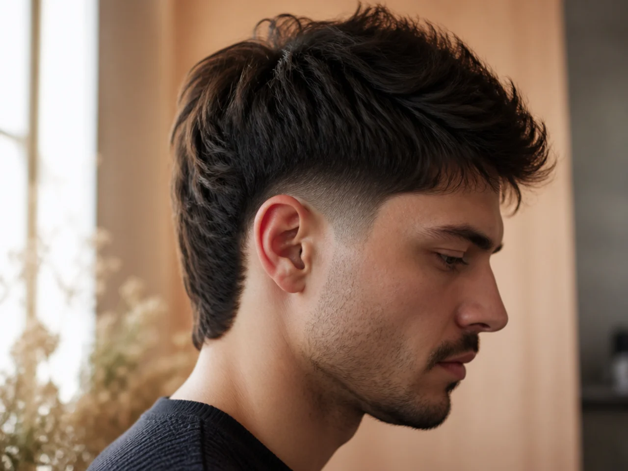 A tapered mullet fade finishing with a short guard at the neckline