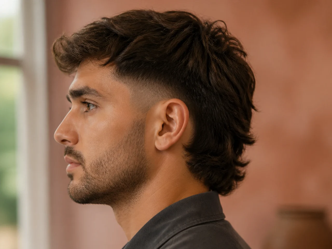 A mullet fade with a short guard length left at the lowest point