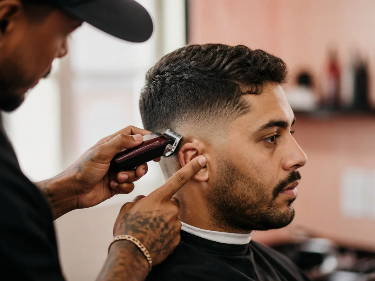 A barber measuring fade height against the top of the ear with clippers