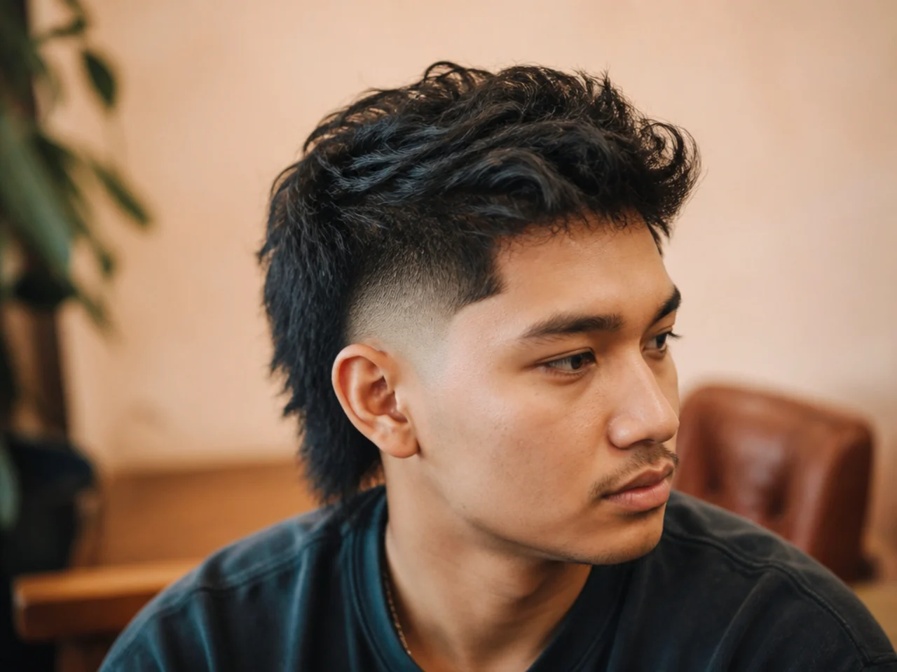 Three quarter view of a mullet fade in daylight