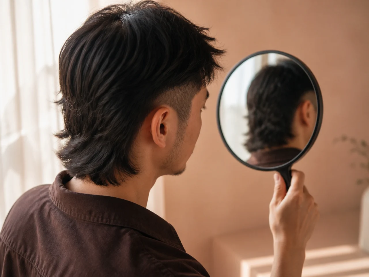 A hand mirror held to check the back of a faded mullet