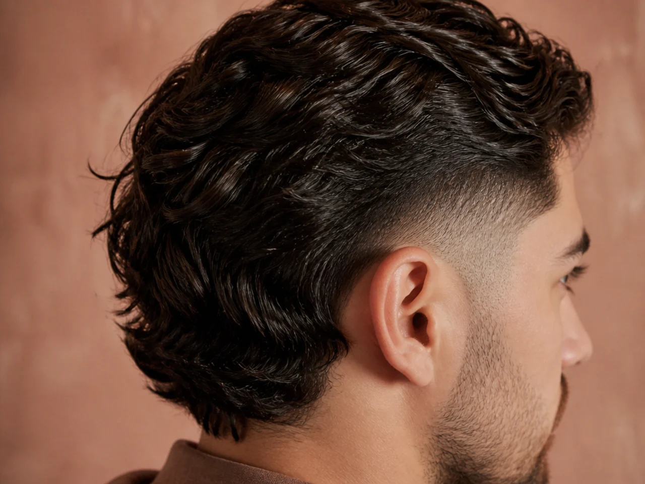 Close view of a faded side meeting the longer hair at the back of the head