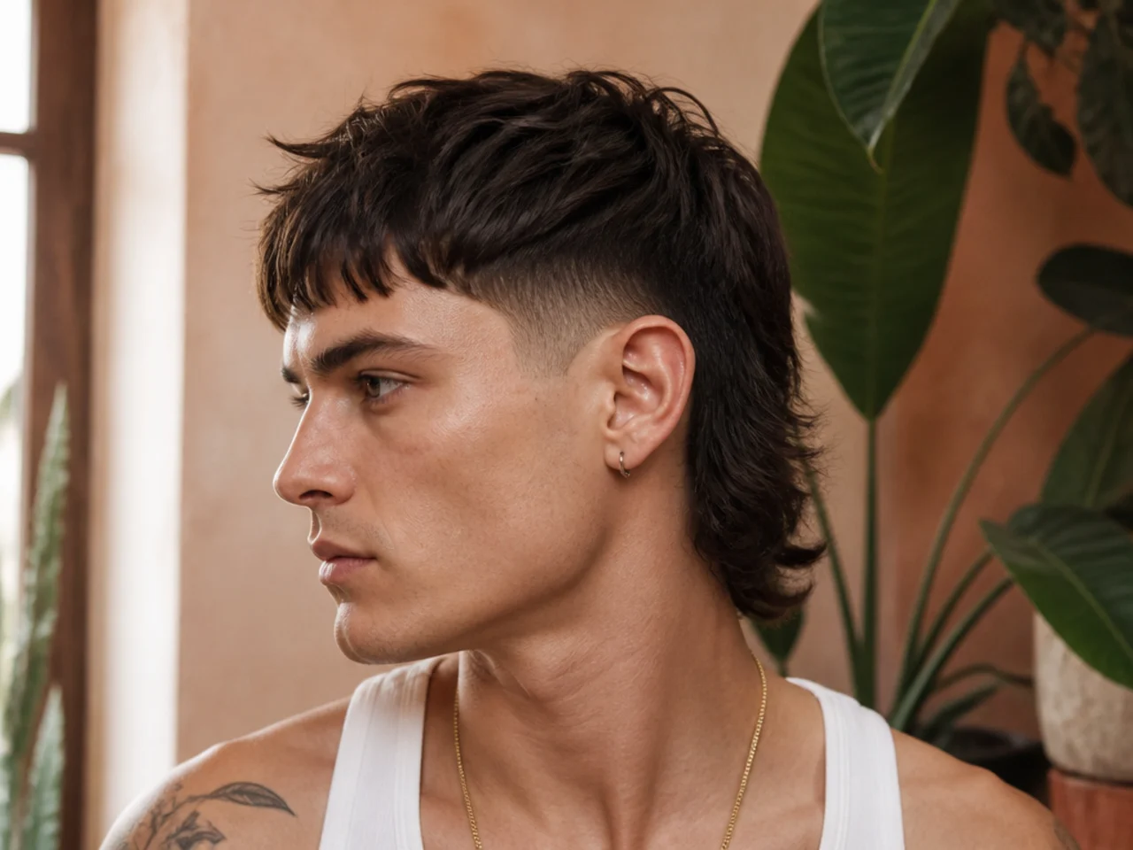 A mullet fade worn with a forward fringe