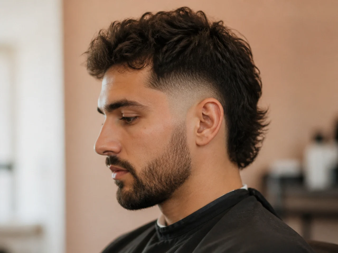 A mullet fade blended into a beard