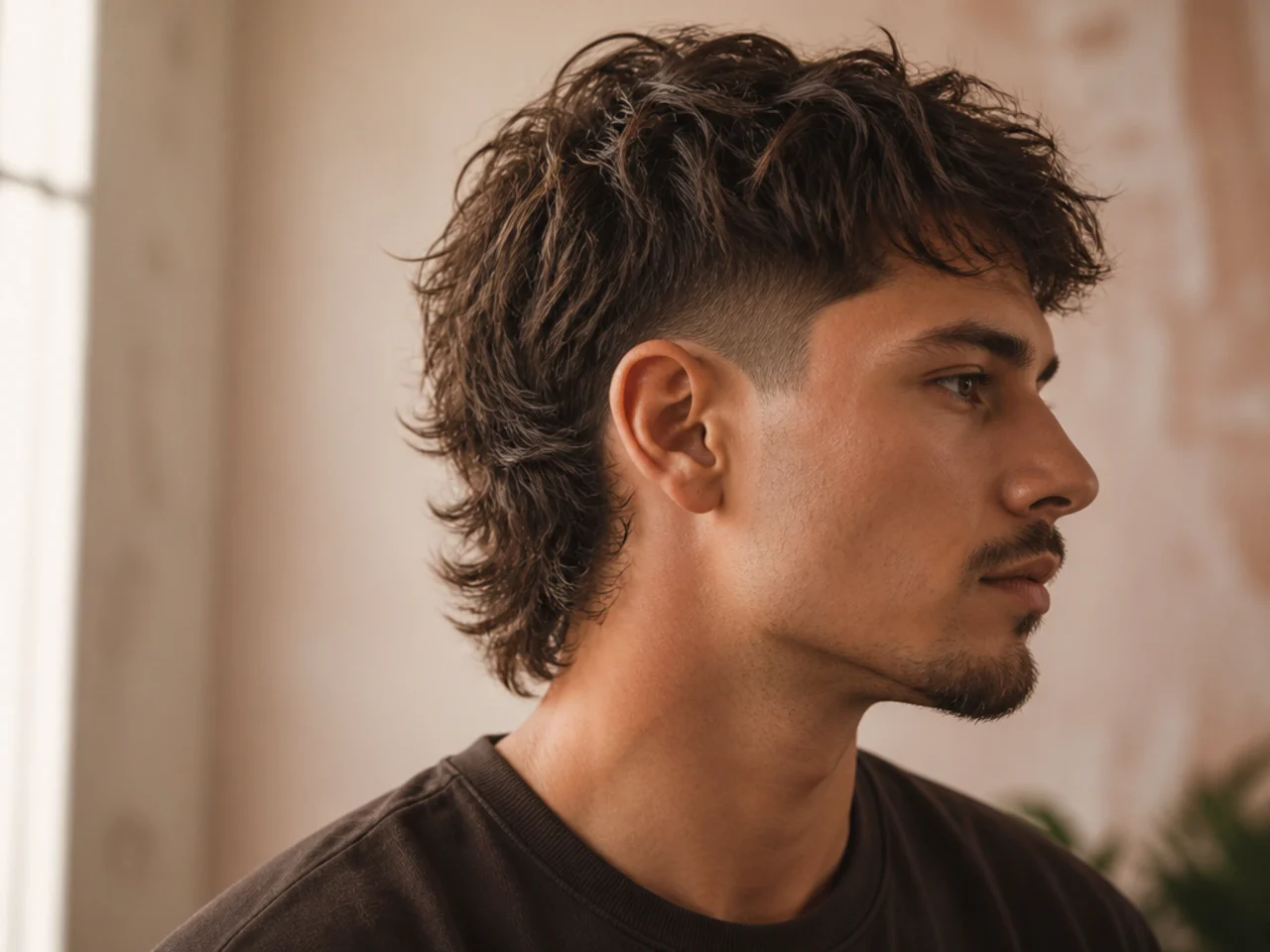 A mullet fade cut on thick hair