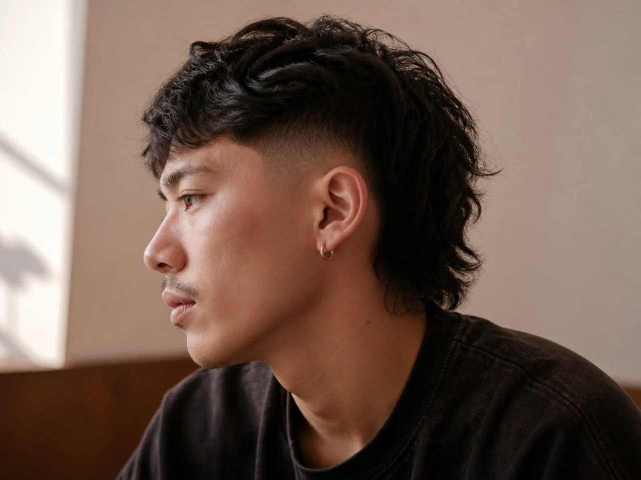 A mullet with a mid fade on the sides