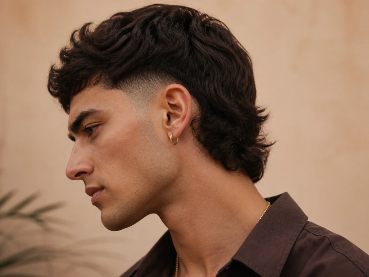 A mullet with a drop fade curving behind the ear