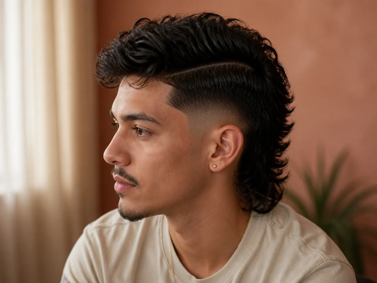 A mullet fade with a hard part cut into the side