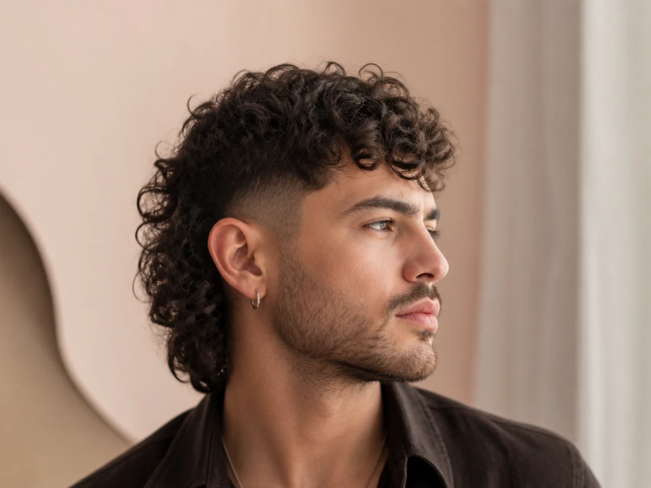 A curly mullet with a faded side
