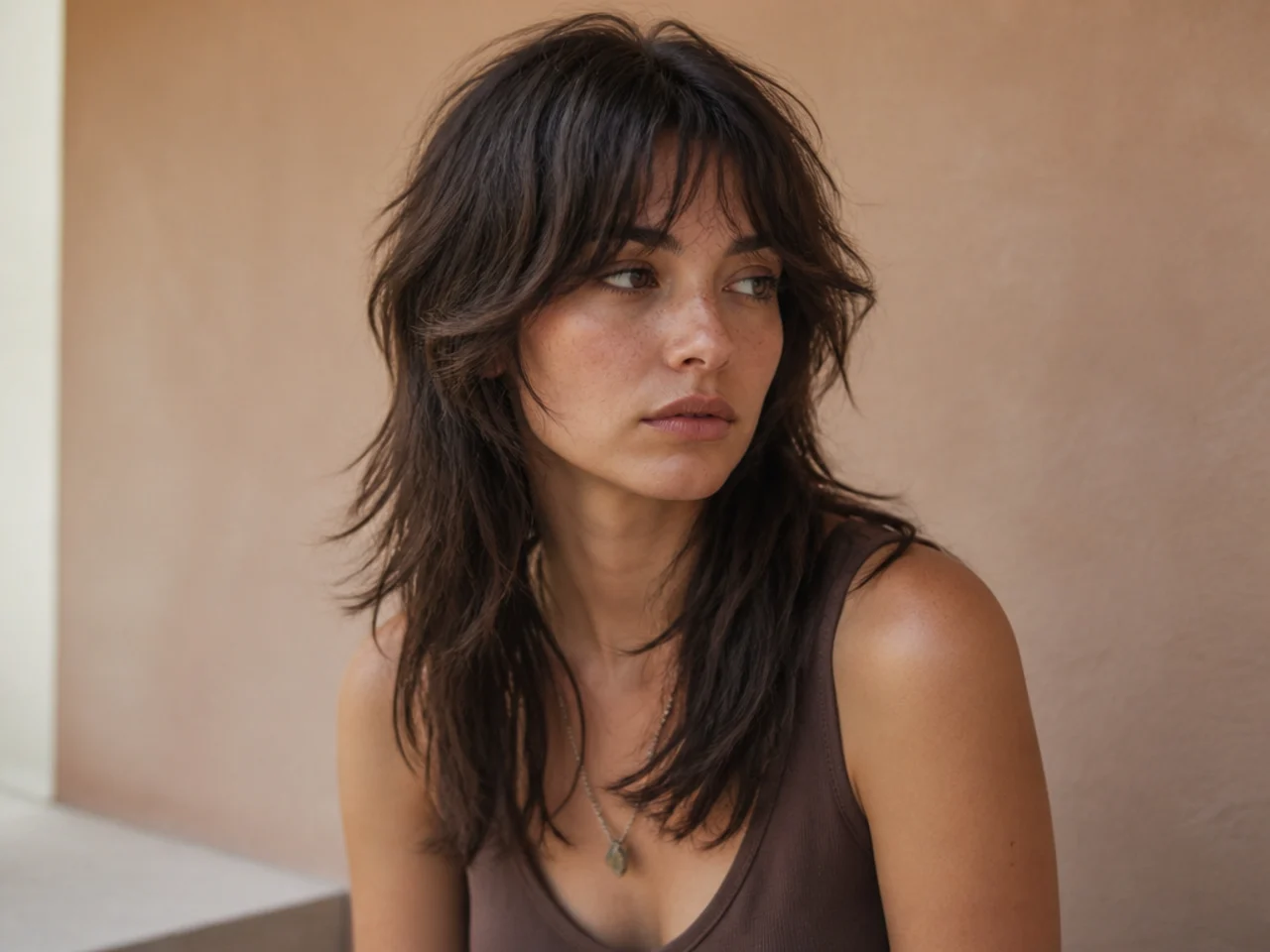 A wolf cut mullet with layered crown and long back