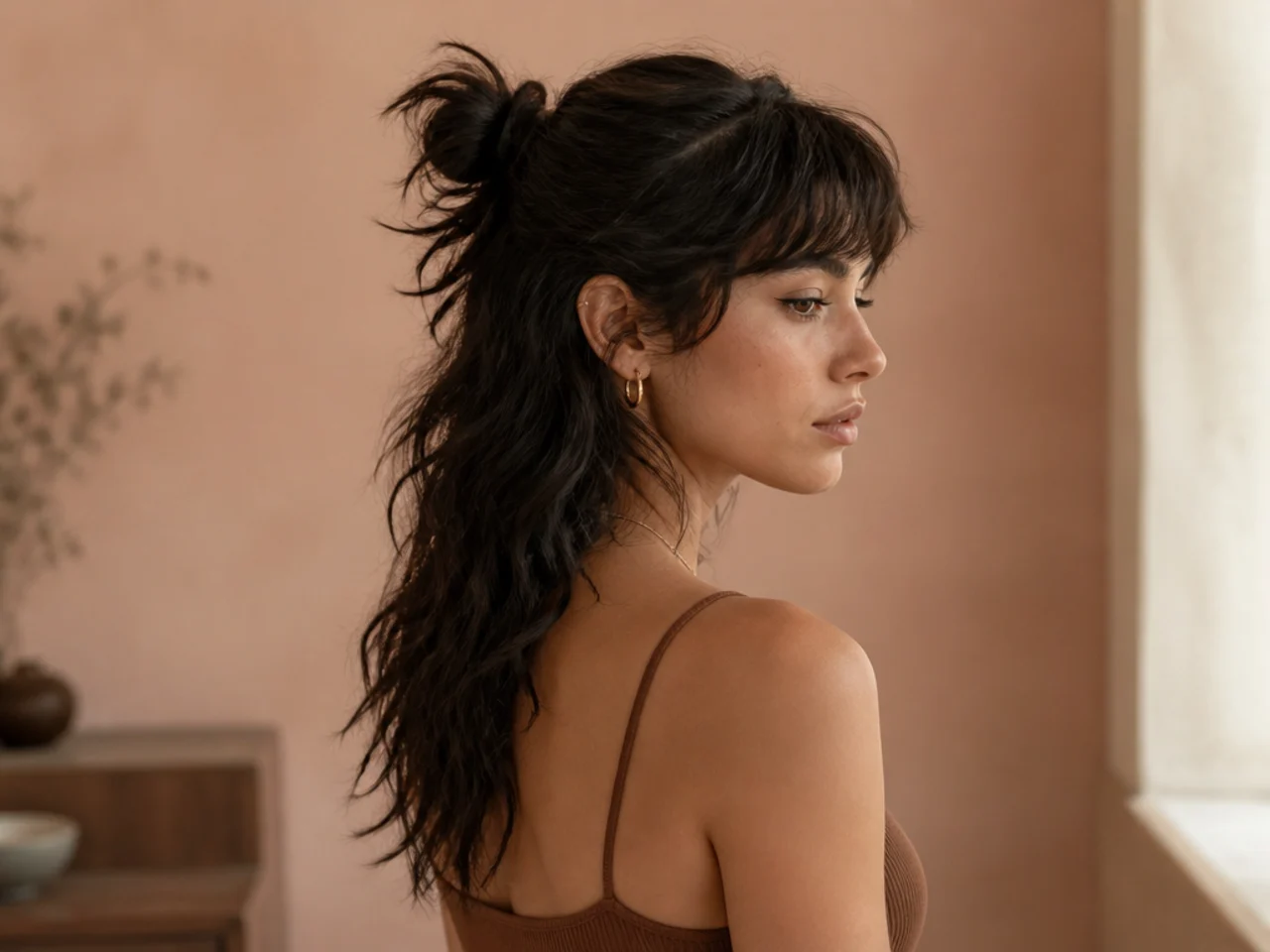 A mullet worn half up with the tail down