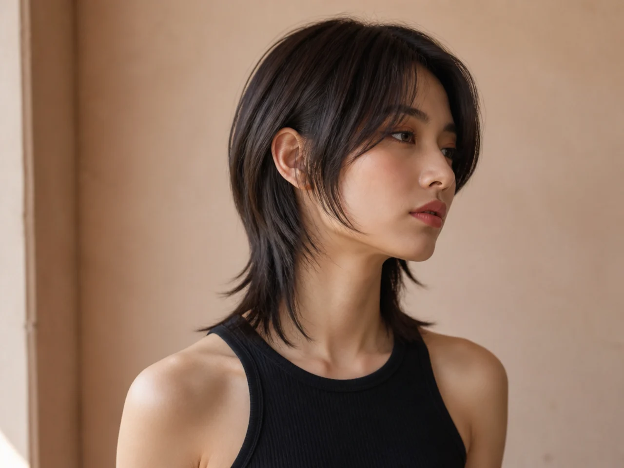 A mullet on straight hair with clean layer lines
