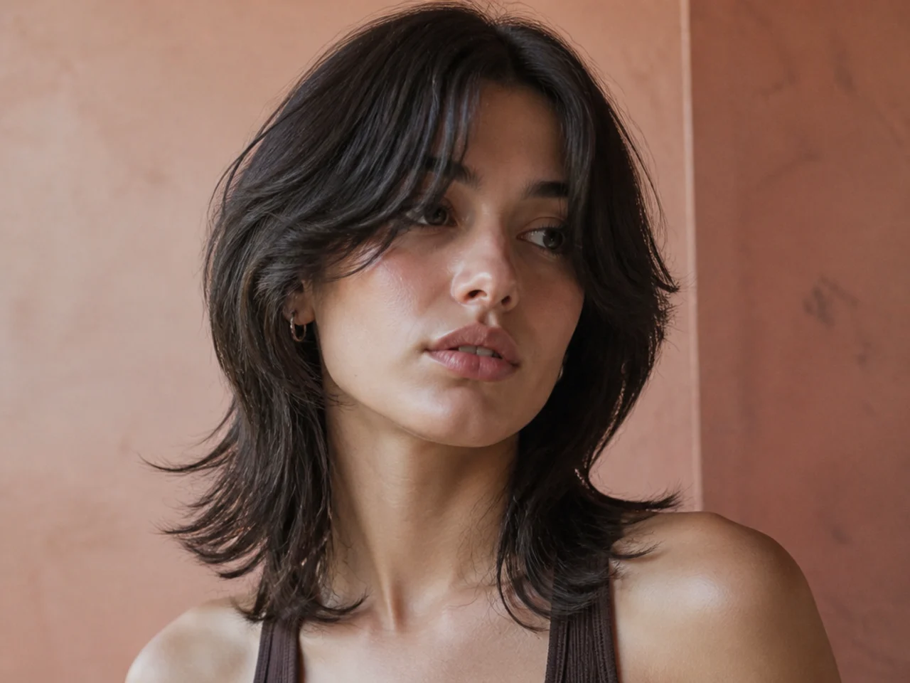 A mullet with a centre parted curtain fringe
