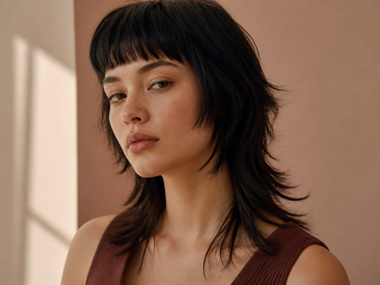 A mullet with a heavy blunt fringe