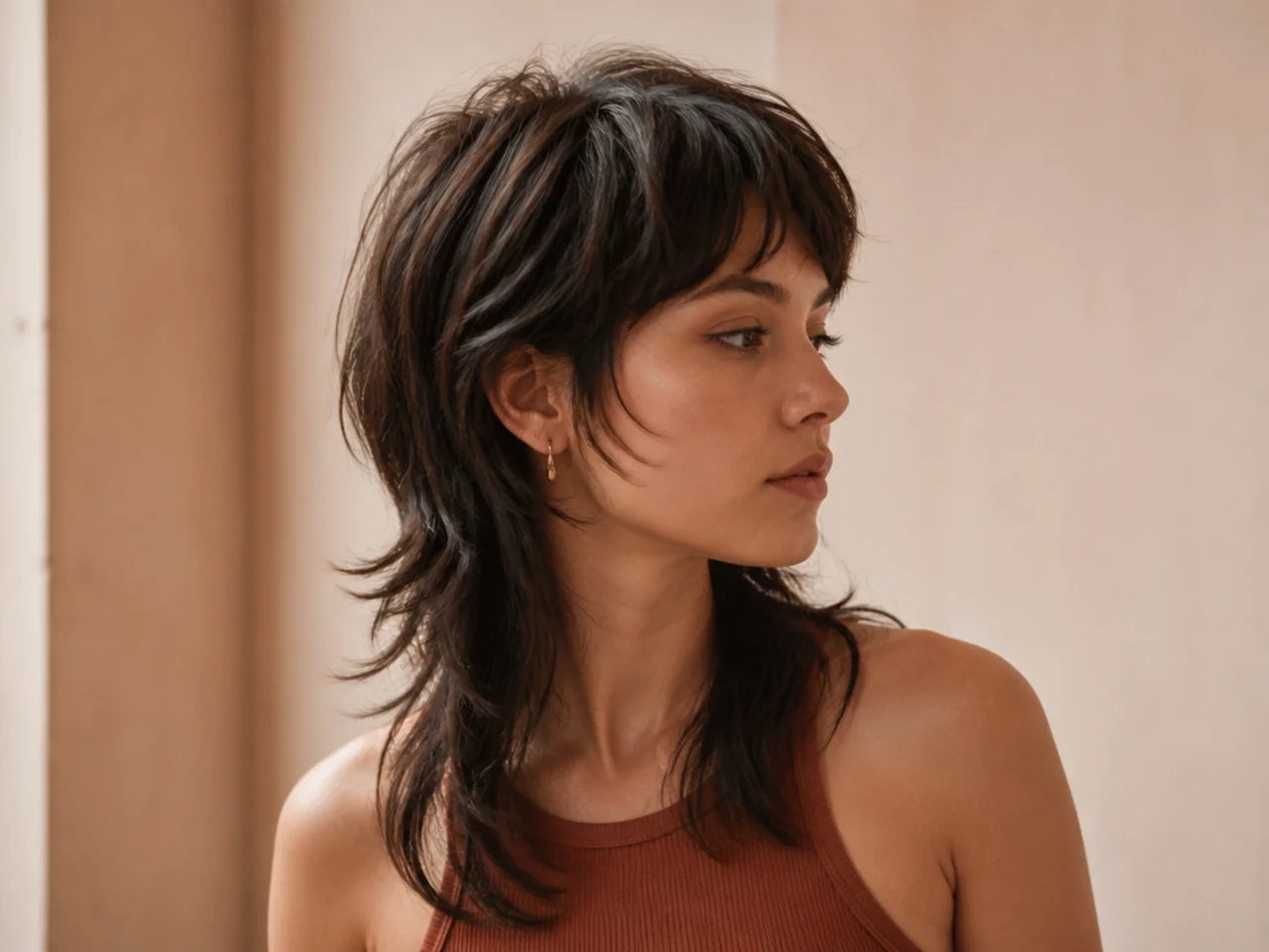 Three quarter view of a mullet haircut