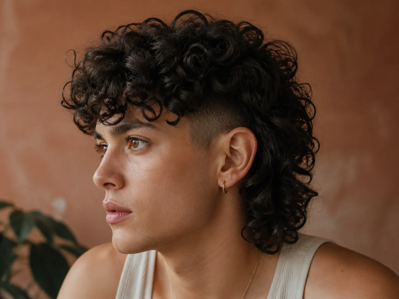A curly mullet with a tapered side