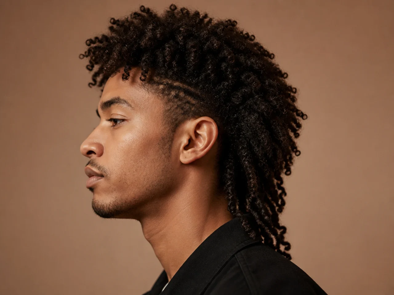 A coily mullet with twisted ends at the back