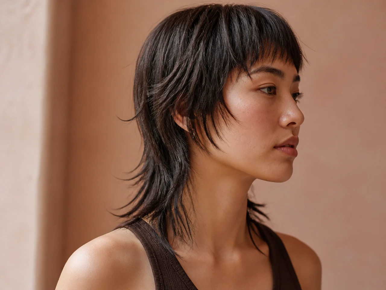 A fine hair mullet with a blunt perimeter