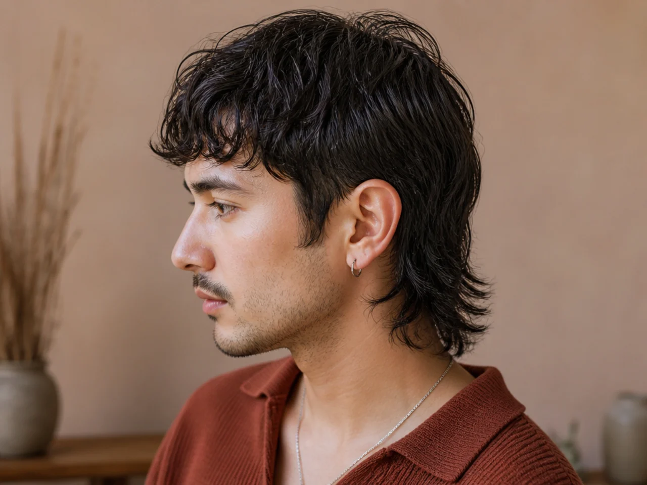 A short mullet that just clears the collar