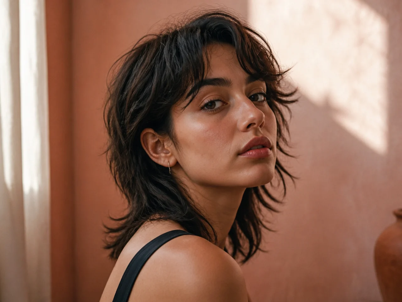 A mullet with a comma shaped fringe