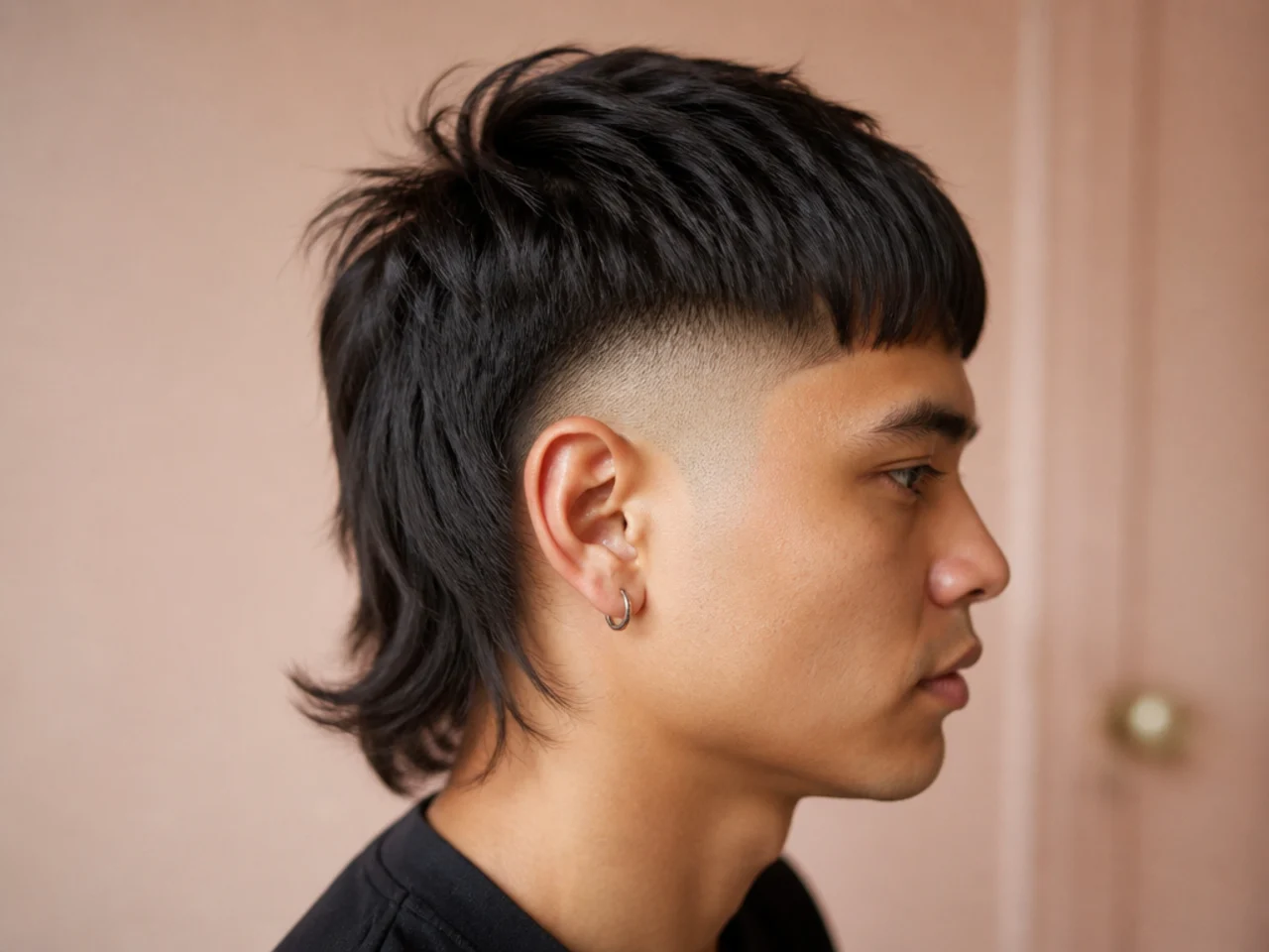 A straight mullet with a skin fade
