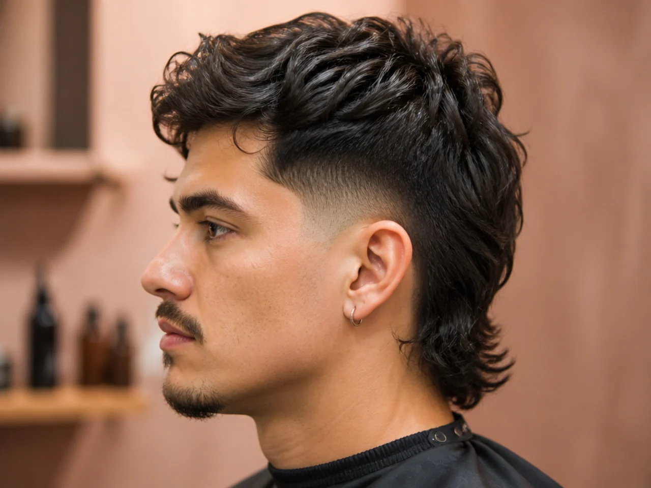 Low taper fade mullet with subtle taper at the temples and textured mullet on top