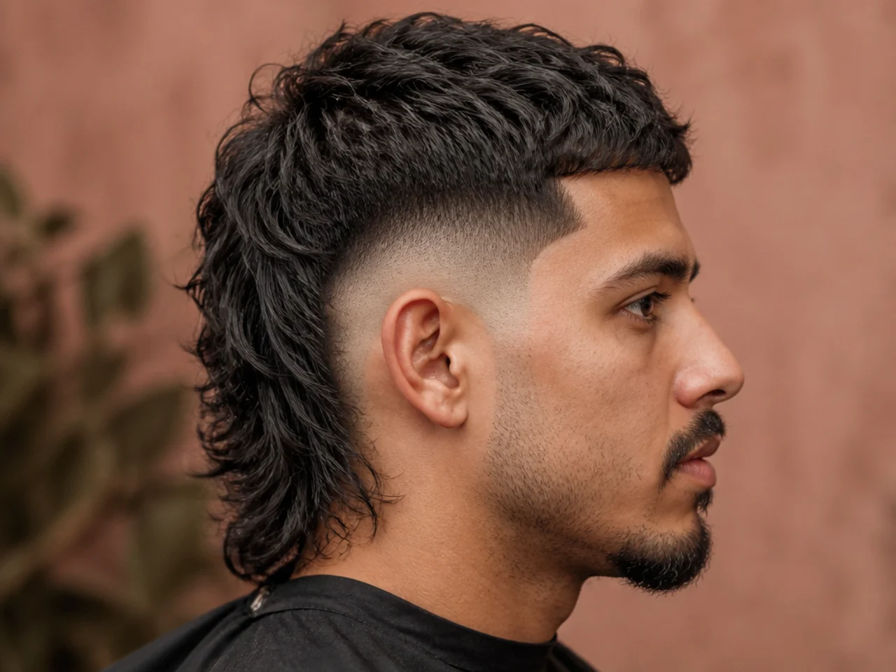 Skin fade mullet with bald sides fading up to textured top and long nape behind