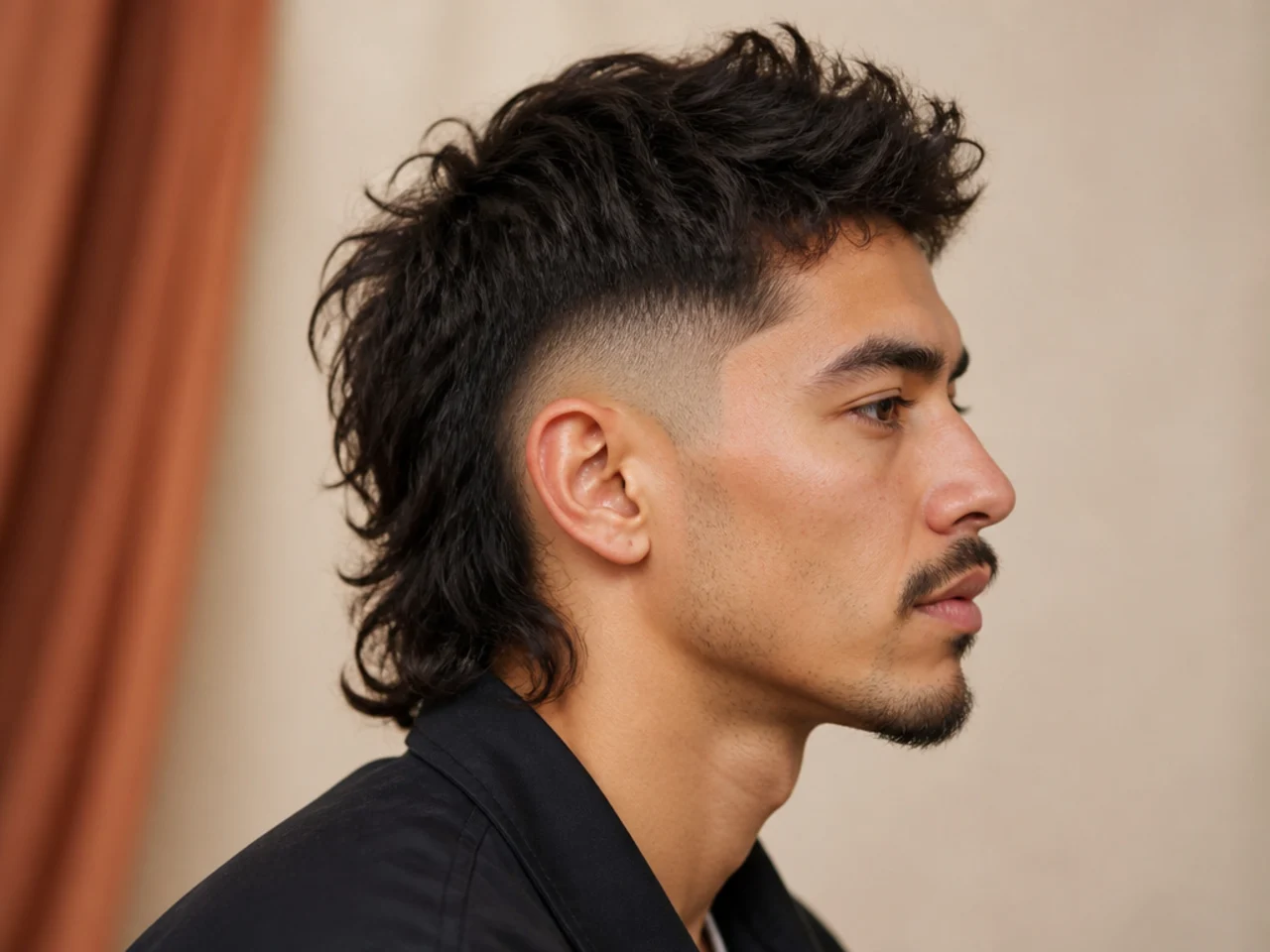 Disconnected mullet with hard undercut line between top layers and buzzed sides