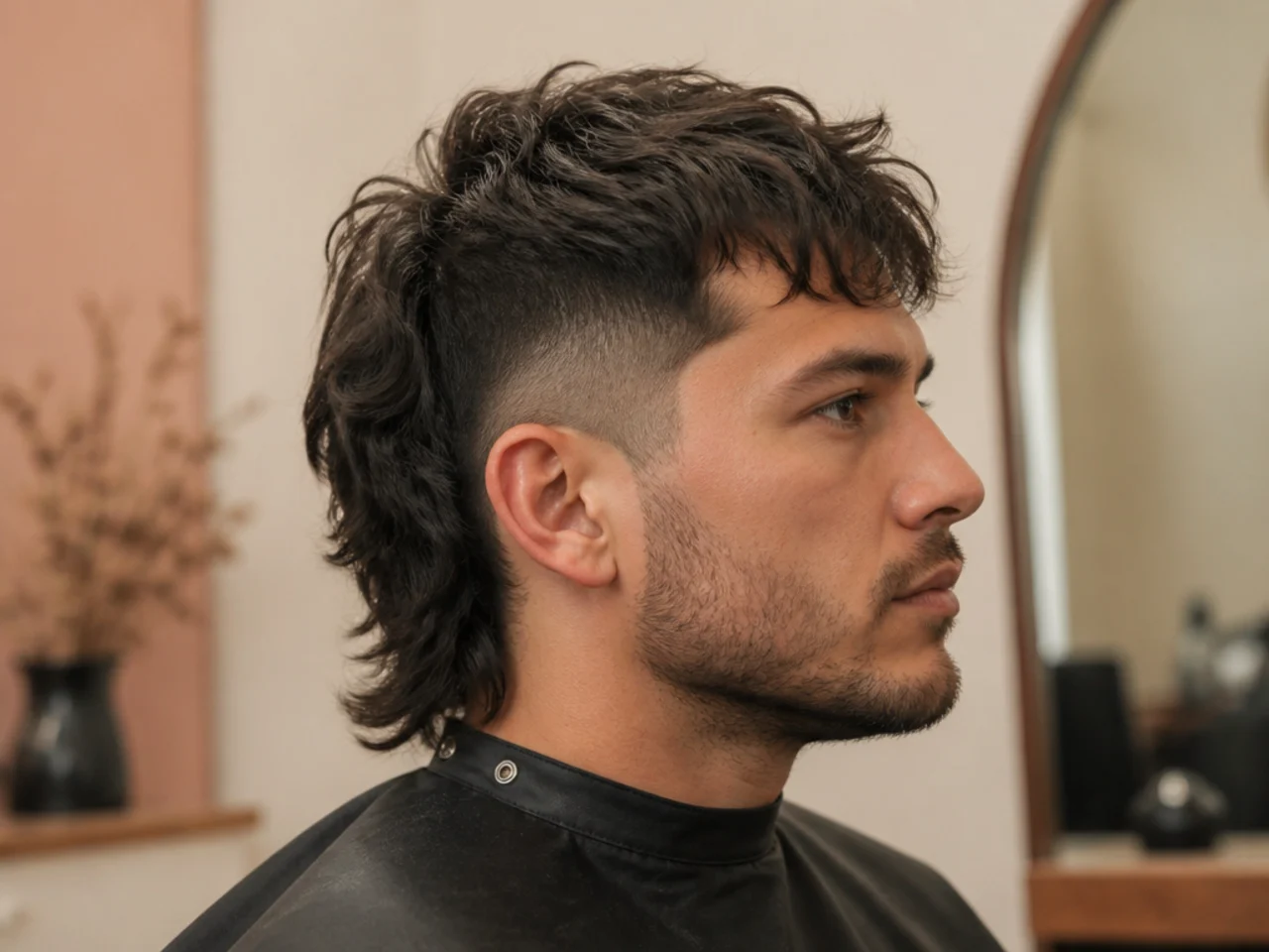 Undercut mullet with clipper-cut sides and long layered top flowing into the nape
