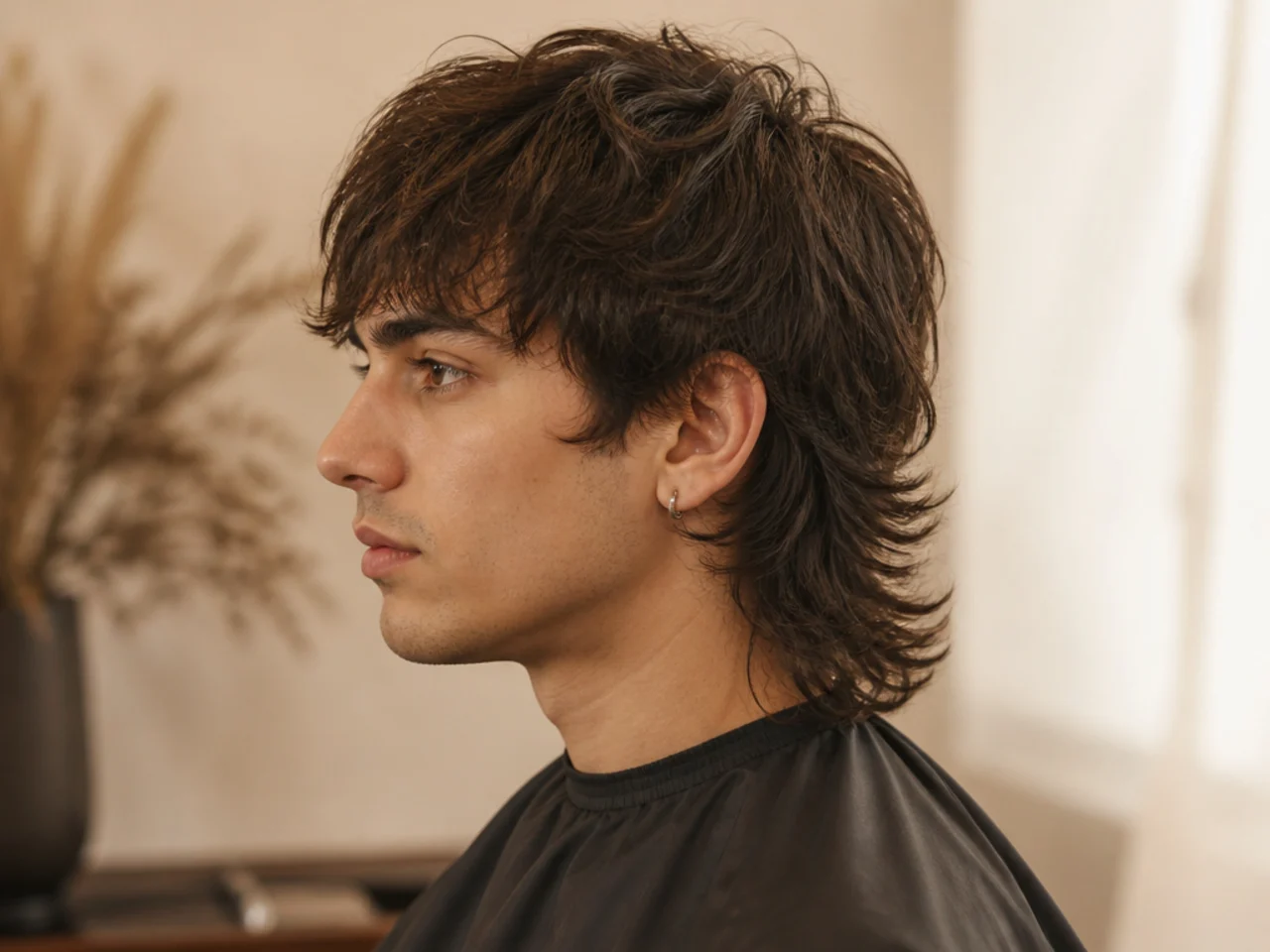 Layered mullet with visible stacked internal layers through the crown and shaggy nape