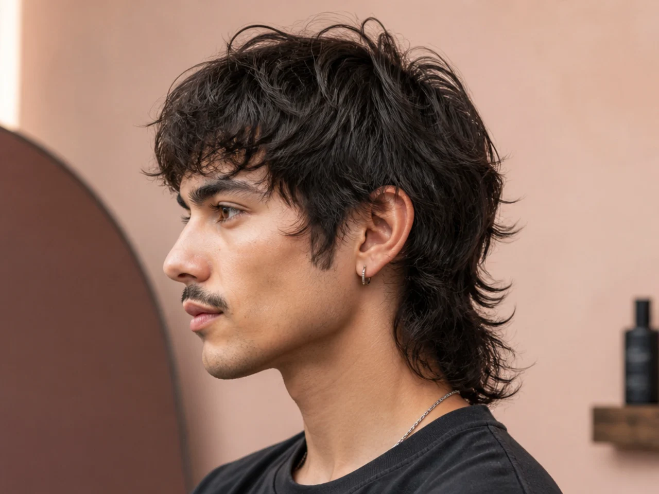 Wolf cut mullet hybrid with face-framing crown layers and mullet-length nape