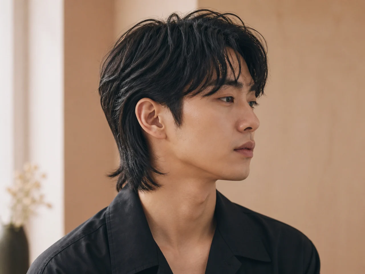 Korean mullet on a young Asian man with soft rounded layers, forward fringe, and glossy finish